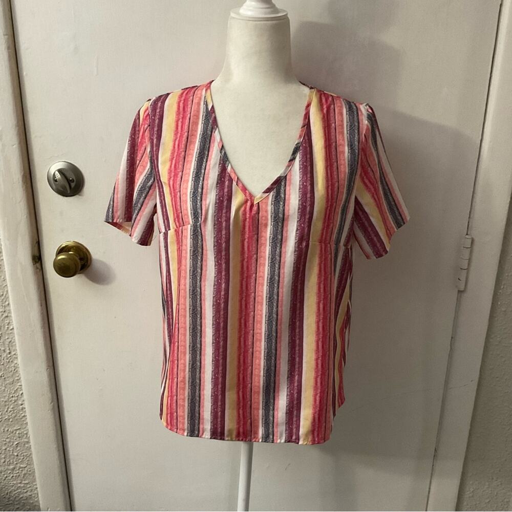 SHEIN Multicolor V-Neck Striped Print Top S Dopamine Boho Hippie Grandmacore